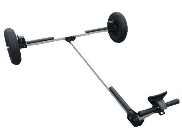 Dynamic Dolly for the Optimist Sailboat.  Made of lightweight aluminum, it makes launching an Opti Sailboat easy.  The wheels on this dolly are 16" X 4"