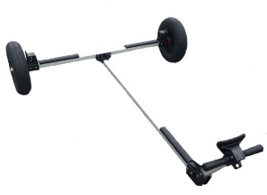 Dynamic Dolly for the Optimist Sailboat.  Made of lightweight aluminum, it makes launching an Opti Sailboat easy.  The wheels on this dolly are 16" X 4"